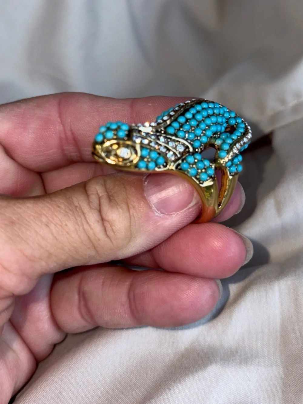 Kenneth Lane RETIRED Turquoise Crystal Lizard cocktail Ring - Blue Gold-Tone